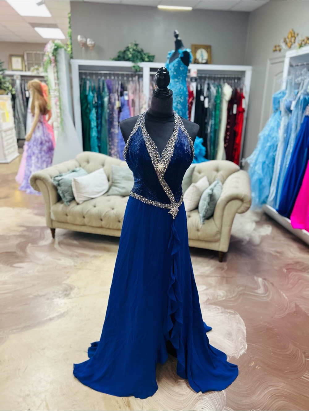 Prima Donna Royal Blue Beaded Halter Prom Gown